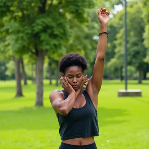 편안한 운동복을 입고 한쪽 팔을 위로 뻗으며 스트레칭하는 10대 후반의 혼혈 여성의 반신 사진입니다. 푸른 잔디와 나무들로 둘러싸인 평화로운 공원에서 촬영된 이 모습은 그녀의 의기소침한 표정이 고요한 분위기를 더해줍니다.