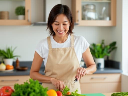 밝고 아늑한 주방에서 앞치마와 티셔츠를 입고 비디오 통화 중 요리를 하며 신선한 재료를 다듬고 있는 30대 중반의 아시아계 여성의 모습, 활기차고 즐거운 표정을 짓고 있습니다.