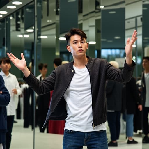 30대 초반의 한국인 남성이 세련된 캐주얼 의상, 트렌디한 재킷과 청바지를 입고 있는 반신 사진입니다. 그는 원하는 스타일을 찾지 못한 듯 불만스러운 표정을 지으며 팔을 흔들고 몸을 흔드는 춤추는 자세를 취하고 있습니다. 미러룸에서 촬영되어 반사된 모습과 함께 패션 쇼핑의 독특한 분위기를 연출하고 있습니다.