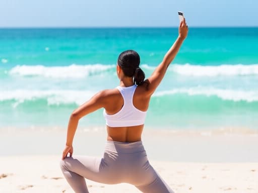 40대 초반의 혼혈 여성의 반신 샷으로, 자연스러운 외모와 가벼운 운동복을 입고 있습니다. 의기소침한 표정을 지으며 한 손으로 전화를 들고 다른 손으로 몸을 스트레칭하는 모습이 해변의 평화로운 배경과 잘 어우러져 있습니다. 푸른 바다와 하얀 모래사장이 이 이미지의 사색적인 분위기를 강조합니다.