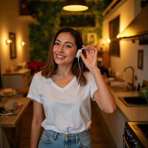 이 이미지는 편안한 티셔츠와 청바지를 입은 20대 후반의 라틴계 여성이 자연스럽게 미소 지으며 이어폰으로 음악을 즐기는 모습을 담고 있습니다. 그녀는 손으로 머리카락을 넘기고 있으며, 아늑한 주방 배경은 따뜻한 조명과 식물들로 장식되어 있어 그녀의 즐거운 기분을 잘 표현하고 있습니다.