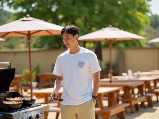 20대 중반의 동양인 남성이 캐주얼한 티셔츠와 반바지를 입고, 화창한 야외에서 바베큐 그릴을 살펴보며 실망한 표정을 짓고 있습니다. 배경의 그릴과 테이블은 생동감 넘치는 바베큐 분위기를 연출하며, 그의 표정과 밝은 주변 환경 사이의 대조를 강조합니다.