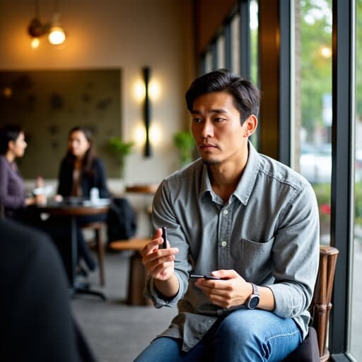 중년의 동양인 남성이 캐주얼한 셔츠와 청바지를 입고 아늑한 카페에서 거울을 바라보며 걱정스러운 표정으로 화장을 하고 있습니다. 카페에는 다른 손님들이 앉아 있어 따뜻한 분위기를 더하고 있습니다.