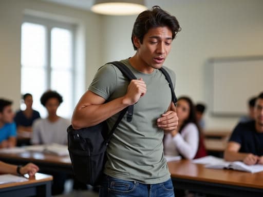 30대 초반의 라틴계 남성이 캐주얼한 티셔츠와 청바지를 입고 교실에 서 있습니다. 그는 피곤한 표정을 지으며 강의에 집중하려고 하고 있으며, 어깨에 가방을 메고 있습니다. 배경에는 여러 학생들이 앉아 있어 친근한 학습 환경을 조성하고 있습니다.