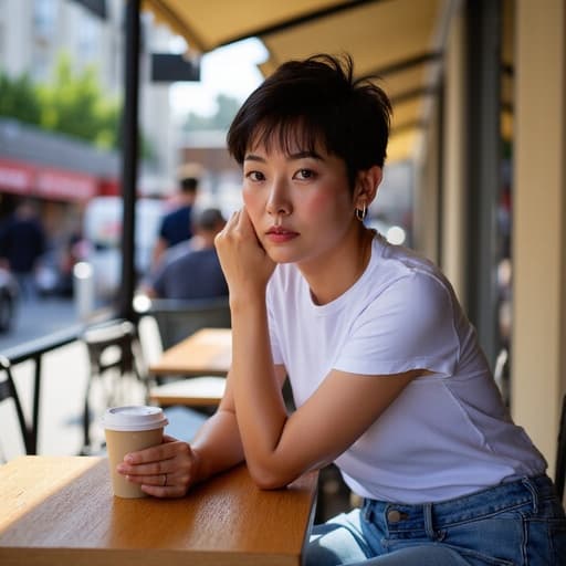 30대 초반의 혼혈 여성의 반신 샷, 캐주얼한 흰색 티셔츠와 청바지를 입고 커피잔을 들고 한쪽 팔꿈치를 테이블에 기대고 있는 모습입니다. 그녀의 표정은 복잡하여 스트레스를 반영하며, 사람들과 차량이 지나가는 활기찬 카페 테라스의 배경 속에서 도시 생활의 본질을 포착하고 있습니다.