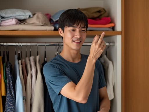 30대 초반 아시아계 남성이 행복한 표정을 지으며 옷장을 정리하고 있는 모습입니다. 편안한 티셔츠와 바지를 입고 있으며, 다양한 색상의 옷이 걸려 있는 정돈된 옷장이 배경에 있습니다. 자연광이 따뜻한 분위기를 더해 주며 즐거운 느낌을 줍니다.