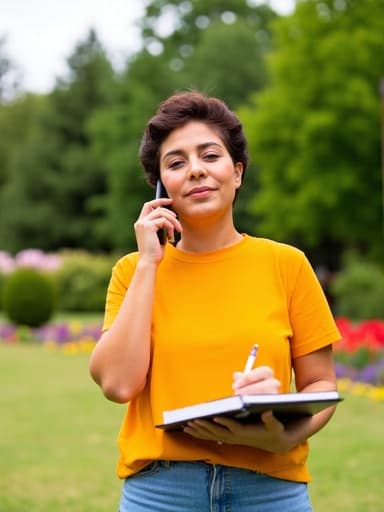 이미지에는 40대 중반의 라틴계 여성이 반신컷으로 나타나며, 밝은 티셔츠와 청바지를 입고 있습니다. 그녀는 한쪽 귀에 전화를 대고 다른 손으로 메모장에 무언가를 적고 있으며, 푸르른 나무와 꽃들로 가득한 평화로운 공원에서 맑은 하늘 아래 있습니다. 그녀의 차분한 표정과 여유로운 자세는 평화로운 라이프스타일을 전달합니다.