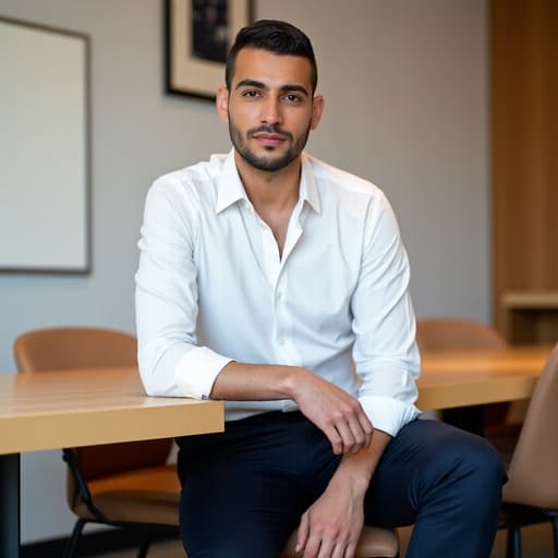 20대 중반의 중동계 남성이 현대적인 회의 테이블에 앉아 있으며, 깔끔한 흰색 셔츠와 짙은 색 슬랙스를 입고 있습니다. 우아한 표정을 지으며 자신감 있는 모습으로 테이블 위에 자연스럽게 손을 놓고 있습니다. 배경은 액자와 화이트보드가 있는 세련된 디자인의 회의실로, 전문적인 분위기를 자아냅니다. 반신 이미지로 전문성과 자신감이 느껴지는 장면을 포착합니다.