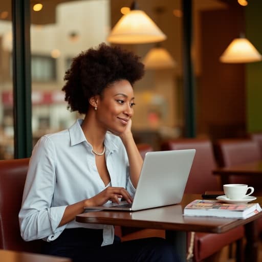 30대 중반의 아프리카계 여성이 아늑한 카페 테이블에 앉아 캐주얼한 블라우스와 슬랙스를 착용하고 있습니다. 그녀는 노트북을 바라보며 활기찬 표정으로 화면을 바라보고 있습니다. 테이블 위에는 커피잔과 책이 놓여 있어 따뜻하고 초대하는 분위기를 자아냅니다. 이 이미지는 그녀의 자연스러운 자세와 편안한 카페 환경을 강조하며 허리 위로 촬영되었습니다.