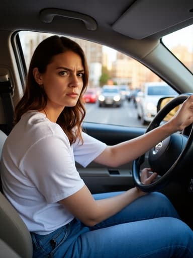20대 후반의 백인 여성의 반신 사진으로, 편안한 청바지와 흰색 티셔츠를 입고 있습니다. 자연스러운 웨이브 헤어스타일을 하고 있으며, 화난 표정으로 불만 가득한 눈빛으로 핸들을 꽉 잡고 운전하는 자세입니다. 배경은 차들이 오가는 분주한 도시 거리로, 도시의 활기를 잘 담고 있습니다.