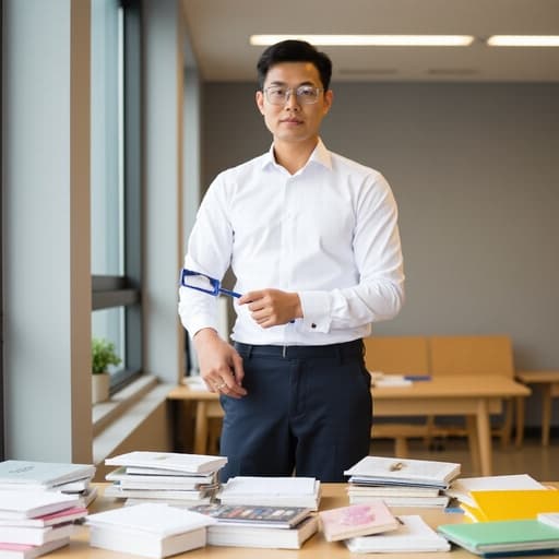 세련된 옷차림의 자신감 있는 30대 초반 아시아계 남성이 학원 공간을 청소하며 정리된 책과 자료들로 둘러싸인 모습, 생산적인 분위기를 자아냅니다.