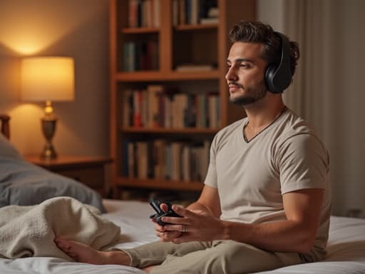 30대 초반 중동계 남성이 편안한 티셔츠와 바지를 입고, 자연스러운 미소를 지으며 스트레칭하면서 음악을 감상하는 모습의 반신 사진. 아늑한 침실 배경에는 책장과 음악 기기가 보인다.