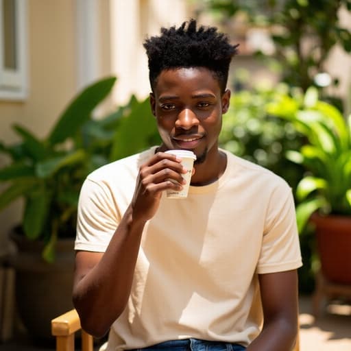 20대 초반 아프리카계 남성이 반신 촬영으로 담겨 있으며, 캐주얼한 티셔츠와 청바지를 입고 있습니다. 그는 커피 컵을 손에 들고 자연스럽게 미소 지으며 햇살이 잘 드는 테라스에서 여유롭게 시간을 즐기고 있습니다. 주위에는 푸른 식물들이 있어 아늑하고 따뜻한 분위기를 자아내고 있습니다.