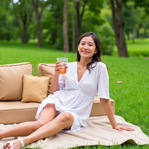 40대 초반의 매력적인 동양인 여성이 캐주얼한 여름 원피스를 입고 편안한 샌들을 착용한 채 소파에 앉아 있는 반신 사진입니다. 그녀는 손에 음료수를 들고 밝게 미소 지으며 기분 좋은 분위기를 발산하고 있습니다. 배경은 푸른 잔디와 나무들로 둘러싸인 아름다운 야외 피크닉 장소로, 편안하고 즐거운 분위기를 더하고 있습니다.