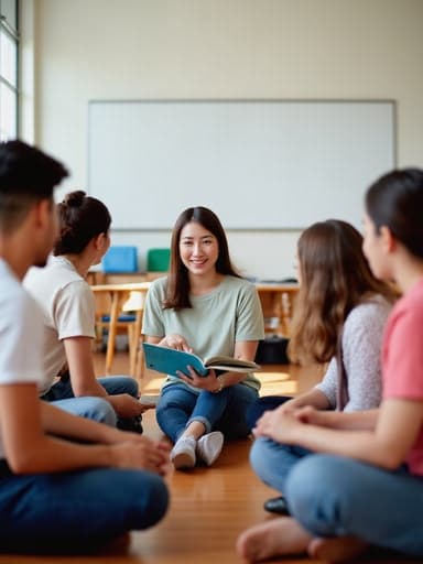 자연스러운 외모를 가진 30대 초반의 동양인 여성이 밝고 넓은 교실 바닥에 앉아, 캐주얼한 티셔츠와 청바지를 입고 동료들과 함께 책을 보며 즐거운 토론을 하고 있는 모습의 반신 사진. 배경에는 책상과 의자가 배치되어 있고 화이트보드가 보입니다.