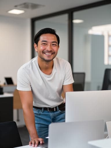30대 후반의 동양인 남성이 편안한 티셔츠와 청바지를 입고, 회의실에서 밝은 조명과 현대적인 가구로 둘러싸인 상태에서 컴퓨터 주변을 청소하며 자신감 넘치는 표정을 짓고 있는 반신 사진입니다.