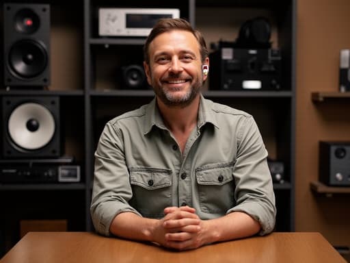 50대 초반의 혼혈 남성이 전자 매장의 회의 테이블에 앉아 캐주얼한 복장을 하고 이어폰을 낀 채로 음악을 즐기며 미소 짓고 있는 모습의 반신 사진입니다. 최신 오디오 기기가 진열된 배경이 돋보입니다.