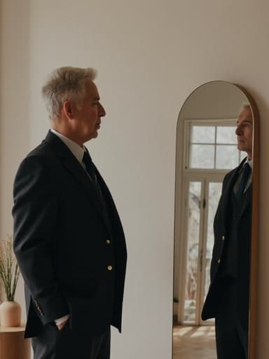 50대 초반의 혼혈 남성이 세련된 비즈니스 캐주얼 의상을 입고 거울 앞에 서 있습니다. 그는 손을 주머니에 넣고 스트레스를 받은 듯한 표정으로 자신의 모습을 바라보며, 주변에는 간단하면서도 세련된 인테리어 소품이 배치되어 있습니다.