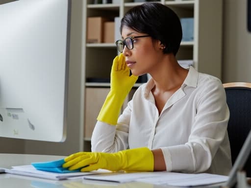 이 이미지는 편안한 작업복과 청소용 장갑을 착용한 40대 중반 아프리카계 여성을 반신 촬영한 것입니다. 그녀는 정돈된 사무실 책상 앞에서 청소 도구를 사용하며 차분하고 집중한 표정을 짓고 있어, 전문성과 깨끗한 작업 공간 유지에 대한 헌신을 강조합니다.