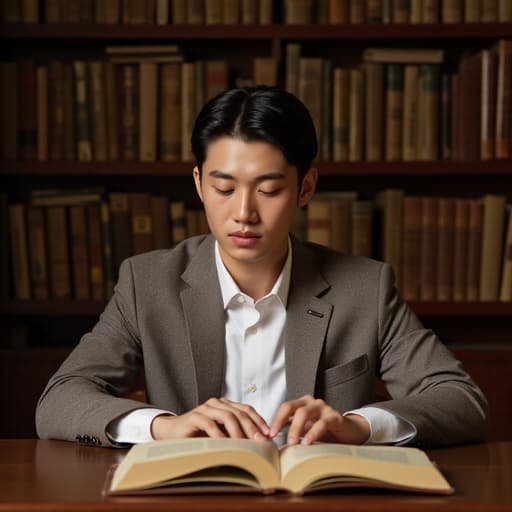20대 초반의 동양인 남성이 화이트 셔츠와 세미 포멀한 재킷을 입고 조용한 도서관의 테이블에 앉아 있습니다. 그는 한 손으로 책을 들고 집중하며 고급스러운 표정을 짓고 있으며, 아름다운 고서들이 가득한 선반으로 둘러싸여 있습니다.