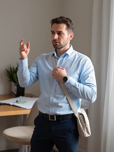 30대 초반의 백인 남성이 깔끔한 셔츠와 슬랙스를 입고 정돈된 사무실 환경에 서 있습니다. 그는 분노한 표정을 짓고 스트레스를 느끼며, 어깨에 가방을 메고 한쪽 손으로 책상을 가리키며 중요한 논의를 하고 있습니다.