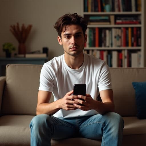 20대 중반의 혼혈 남성이 편안한 거실의 소파에 앉아 스마트폰을 들고 있습니다. 그는 캐주얼한 티셔츠와 청바지를 입고 있으며, 불만스러운 표정을 짓고 있습니다. 따뜻하고 아늑한 분위기 속에서 그의 자연스러운 외모와 스타일이 강조됩니다.