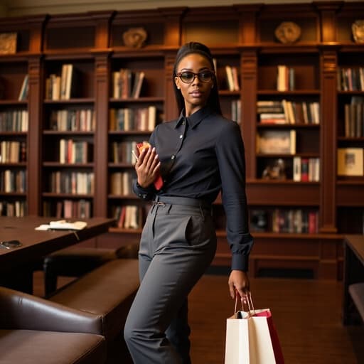 30대 후반의 아프리카계 여성의 반신 샷으로, 자연스러운 아름다움을 드러내고 있습니다. 세련된 블라우스와 슬랙스를 착용하고 고급스러운 액세서리로 포인트를 주었습니다. 자신감 넘치는 고급스러운 표정을 지으며 한 손에는 책을, 다른 손에는 쇼핑백을 들고 쇼핑하는 듯한 자세를 취하고 있습니다. 배경은 아름답게 정돈된 도서관으로, 책장과 부드러운 조명이 어우러져 지식과 세련됨의 분위기를 자아냅니다.