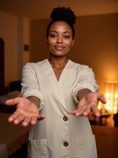 20대 후반의 아프리카계 여성이 편안한 마사지복을 착용하고 아늑한 마사지샵의 내부에서 서 있는 반신 사진입니다. 그녀는 평온한 표정을 지으며 손을 앞으로 내밀어 고객을 맞이하고 있습니다. 부드러운 조명이 편안한 분위기를 만들어내며, 전체적인 구성은 편안함과 전문적인 서비스를 잘 담고 있습니다.