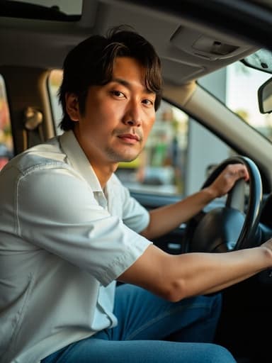 40대 초반의 아시아계 남성이 걱정스러운 표정을 지으며 캐주얼 셔츠와 청바지를 입고 운전대를 잡고 있는 반신 사진입니다. 배경에는 학습 자료와 책들이 있는 학원의 내부가 보이며, 집중과 결단력을 주는 분위기를 만들어냅니다.
