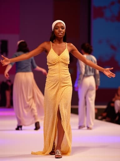 이 이미지는 20대 후반의 세련된 흑인 여성이 패셔너블한 여름 원피스와 멋진 액세서리를 착용한 전체 몸shot을 보여줍니다. 그녀는 행복하고 자유로운 표정을 짓고 있으며, 패션쇼의 생동감 있는 분위기를 만끽하며 팔을 펼치고 있습니다. 배경은 다양한 모델들이 지나가는 활기찬 런웨이를 특징으로 하여 흥미롭고 즐거운 분위기를 만들어냅니다.