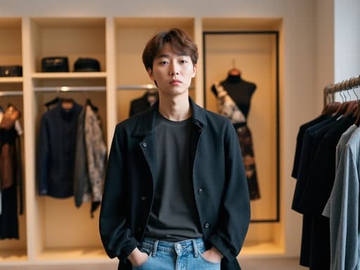 20대 초반의 한국 남성이 패션 매장에서 캐주얼한 청바지와 티셔츠, 세련된 재킷을 입고 서 있습니다. 그의 표정은 실망감을 드러내며 주머니에 손을 넣고 주변을 바라보며, 다양한 의류와 액세서리로 가득한 매장의 트렌디한 분위기를 반영합니다.