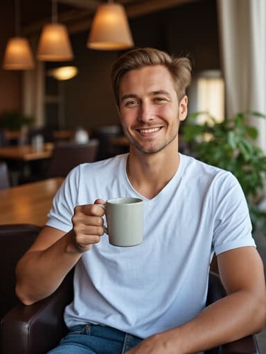 20대 초반의 유럽계 남성이 캐주얼한 티셔츠와 청바지를 입고 아늑한 카페의 의자에 앉아 있습니다. 그는 손에 커피 컵을 들고 친근한 미소를 지으며 햇빛이 창문을 통해 들어오는 아늑하고 편안한 분위기를 자아냅니다.