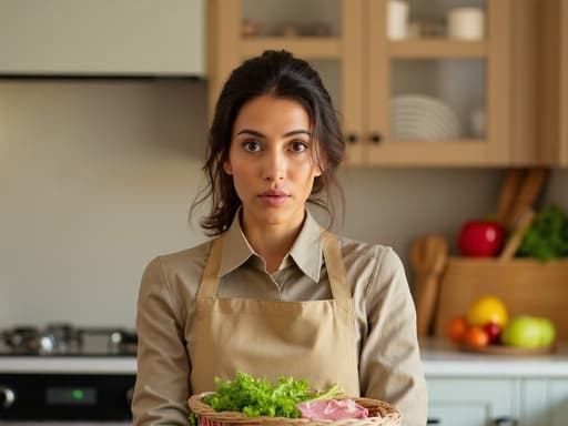 20대 초반의 중동계 여성이 편안한 캐주얼 의상과 앞치마를 착용하고 장바구니에 신선한 재료를 담고 있는 모습입니다. 아름답게 꾸며진 주방에서 놀란 표정으로 눈을 크게 뜨고 있으며, 조리대 위에는 다양한 신선한 재료들이 놓여 있어 따뜻하고 매력적인 분위기를 자아냅니다.