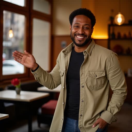 40대 초반의 아프리카계 남성이 자연스러운 외모로 캐주얼한 셔츠와 청바지를 입고, 친구를 향해 손을 흔들며 긍정적으로 미소 짓고 있는 반신 사진입니다. 아늑한 레스토랑 내부가 배경으로 따뜻하고 초대하는 분위기를 자아냅니다.