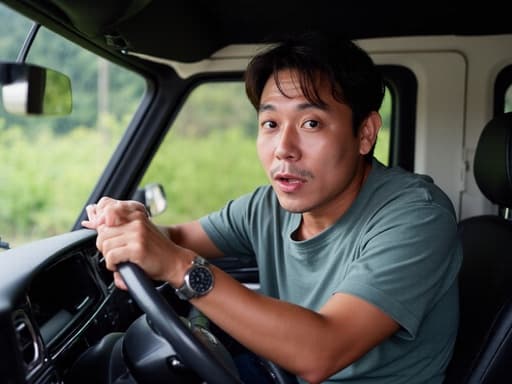 40대 중반의 자연스러운 외모를 가진 한국인 남성이 편안한 티셔츠와 청바지를 입고, 아늑한 개인 자동차 내부에서 핸들을 양손으로 잡고 놀란 표정을 지으며 촬영된 반신 사진입니다. 그의 눈은 크게 열려 있으며, 모험심을 표현하고 있습니다.