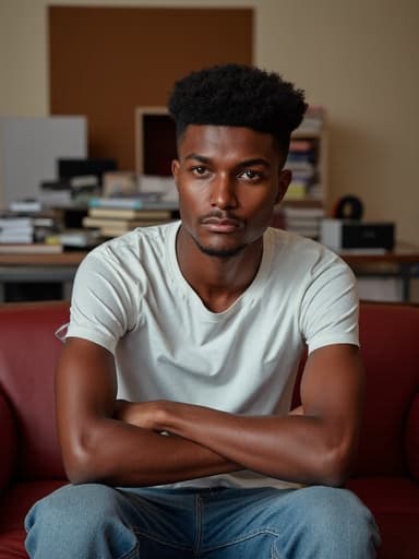10대 후반의 흑인 남성이 스터디룸의 소파에 앉아 있는 반신 사진입니다. 그는 편안한 티셔츠와 청바지를 입고 팔짱을 끼고 있으며, 약간 지친 무관심한 표정을 짓고 있습니다. 배경에는 노트북과 책들이 흩어져 있는 책상이 있어 학습 분위기를 자아냅니다.