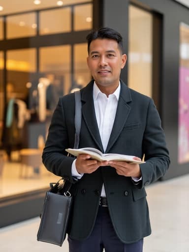 세련된 외모를 가진 50대 초반의 라틴계 남성이 자신감 있게 책을 들고 읽고 있는 모습이 반신 샷으로 촬영되었습니다. 그는 스타일리시한 재킷과 슬랙스를 착용하고 있으며, 멋진 가방을 어깨에 걸치고 있습니다. 배경은 현대적인 쇼핑몰의 세련된 매장 앞이며, 전체적인 트렌디한 분위기를 강조합니다. 자연스러운 조명이 그의 우아한 특징과 스타일리시한 의상을 강조하여 매력적이고 초대하는 분위기를 만들어냅니다.