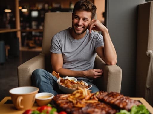 30대 초반의 백인 남성이 캐주얼한 티셔츠와 청바지를 입고 아늑한 카페에 앉아 테이블 위에 놓인 바베큐 음식을 즐기며 긍정적인 표정을 짓고 있습니다.