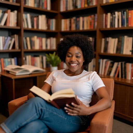 40대 중반의 흑인 여성이 책들로 가득한 아늑한 도서관에서 편안하게 앉아 있습니다. 그녀는 편안한 티셔츠와 청바지를 입고 긍정적인 표정으로 미소 지으며 한 손에 책을 들고 음악을 감상하고 있어 편안함과 즐거움이 느껴지는 매력적인 분위기를 만들어냅니다.