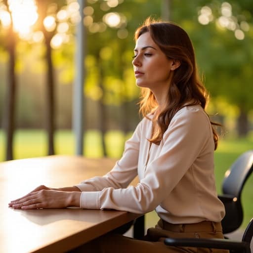 이 이미지는 40대 초반의 유럽계 여성이 캐주얼한 블라우스와 바지를 입고 회의실 테이블에 편안하게 앉아 차분한 표정을 짓고 있는 모습을 보여줍니다. 따뜻한 햇살이 밖의 공원에서 비추어져 조화롭고 아늑한 분위기를 만들어냅니다.