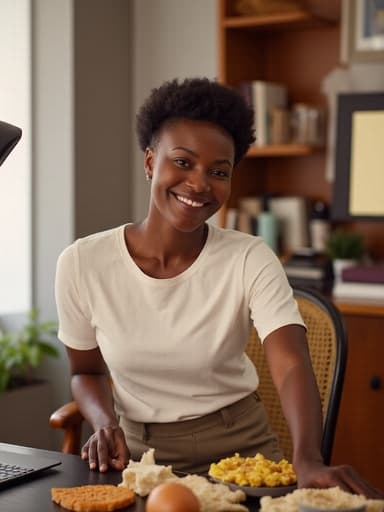 40대 중반의 자연스러운 외모를 지닌 흑인 여성이 밝게 웃으며 아늑한 집 사무실에서 맛있는 음식을 즐기는 반신 사진입니다. 편안한 티셔츠와 슬랙스를 착용한 그녀는 편안하면서도 세련된 모습을 완벽하게 구현하고 있습니다. 배경에는 깔끔한 책상과 노트북이 있는 아늑한 작업 공간이 있어 장면의 따뜻한 분위기를 더하고 있습니다.