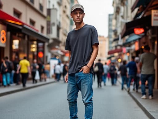 10대 후반의 중동계 남성이 트렌디한 청바지와 스니커즈, 그리고 스타일리시한 티셔츠를 입고 있는 반신 사진. 그는 다양한 상점과 사람들로 가득한 활기찬 도시 거리를 바라보며 긴장한 표정을 짓고 있다. 한 손은 주머니에 넣고 다른 손은 자연스럽게 옆에 두고 있어 편안하면서도 경계하는 자세를 취하고 있다.