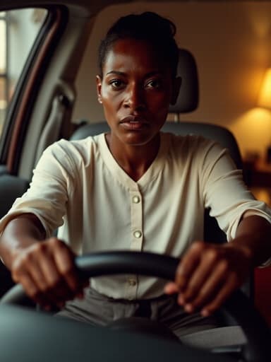 40대 중반의 아프리카계 여성으로 자연스러운 외모를 가진 그녀가 반신을 촬영한 사진에서 화난 표정을 지으며 운전대에 손을 올리고 있는 모습을 보여줍니다. 세련된 블라우스와 슬랙스를 착용하고 있으며, 아늑한 침실 배경에서 운전하는 듯한 상황을 연출하고 있습니다.
