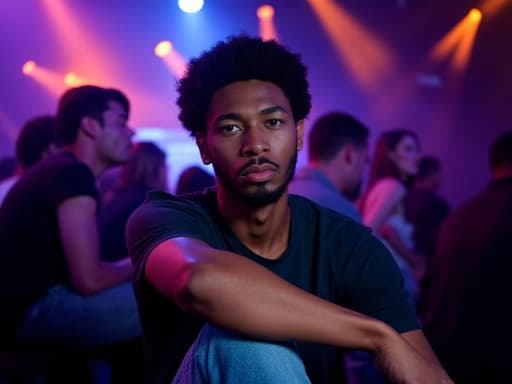 20대 초반의 흑인 남성이 편안한 티셔츠와 청바지를 입고 팔짱을 끼고 실망한 표정을 지으며 크로스 레그로 앉아 있는 반신 사진입니다. 배경은 화려한 조명과 사람들로 가득 찬 활기 넘치는 클럽으로, 그의 감정과 에너지가 넘치는 환경 간의 대조를 강조합니다.