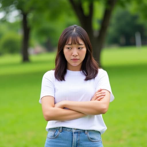 20대 중반의 동양인 여성이 캐주얼한 흰색 티셔츠와 청바지를 입고 팔짱을 끼고 불만스러운 표정으로 친구를 바라보는 모습의 반신 사진. 배경은 푸른 잔디와 나무로 가득한 공원으로, 여유롭지만 감정적인 순간이 강조됩니다.