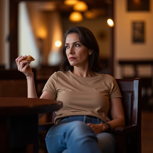 50대 초반의 라틴계 여성이 아늑한 식당에서 편안하게 앉아 있는 반신 사진. 그녀는 편안한 티셔츠와 청바지를 착용하고 있으며, 우울한 표정을 짓고 있다. 한 손에는 간식을 들고 다리를 앞으로 뻗고 앉아 있어 내성적인 느낌을 주고 있다. 식당의 따뜻한 분위기가 감정을 더욱 강조하며, 그녀의 표정과 편안한 주변 환경을 잘 포착한 친근하고 매력적인 장면을 만들어낸다.