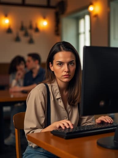20대 후반의 유럽계 여성의 반신 샷으로, 캐주얼한 블라우스와 청바지를 입고 분노한 표정으로 컴퓨터 화면을 응시하며 키보드를 치고 있는 모습입니다. 배경에는 다른 손님들이 앉아 있는 아늑한 카페 내부가 펼쳐져 있어 활기찬 분위기와 대조를 이루고 있습니다.