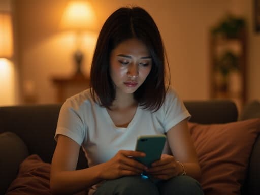 20대 중반의 동양인 여성이 아늑한 커뮤니티 센터의 거실 소파에 편안하게 앉아 있습니다. 그녀는 편안한 티셔츠와 청바지를 착용하고 있으며, 눈에서 눈물이 흘러내리고 있습니다. 스마트폰을 바라보며 깊은 슬픔을 표현하고 있습니다. 이 장면은 방의 따뜻함을 포착하면서 그녀의 감정적인 갈등을 부각시켜 감동적인 분위기를 만들어냅니다.