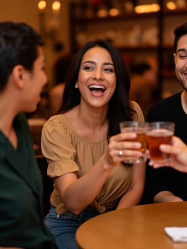 30대 후반의 라틴계 여성이 세련된 블라우스와 청바지를 입고 아늑한 바의 테이블에 앉아 친구들과 함께 음료를 건배하며 행복하고 자유로운 표정을 짓고 있습니다. 따뜻한 조명 아래에서 이 순간의 축하 분위기를 완벽하게 담고 있습니다.