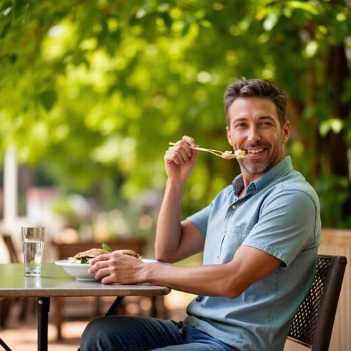 30대 후반의 라틴계 남성이 야외 테이블에 앉아 자유롭게 웃으며 음식을 즐기고 있습니다. 캐주얼한 셔츠와 청바지를 입고 있으며, 초록의 나무들로 둘러싸인 활기차고 초대하는 분위기가 그의 자유로운 라이프스타일을 강조합니다.